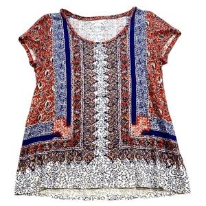 Lucky Brand Multi Color Mixed Pattern Linen Blend‎ Short Sleeve Top, Medium
